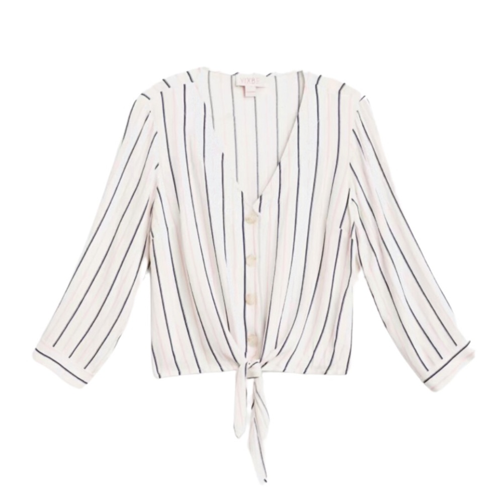 Vixbe Delylah Tie Front Top White with Black and Pink Stripes Small